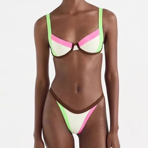 NWT OneOne Swimwear Bikini Set Paros Elodie Justine Cream Brown Pink Green New - Picture 1 of 7
